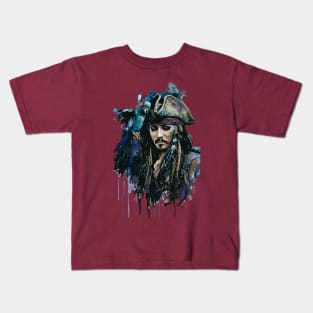 Pirate with Parrot in Old Classic Costume with Furious Face in Ink Painting Style Kids T-Shirt